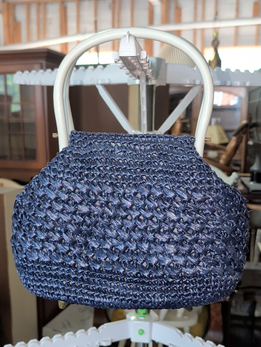 Mid Century Dayne Taylor Japan Navy Blue Straw Basket Purse White Lucite Handles